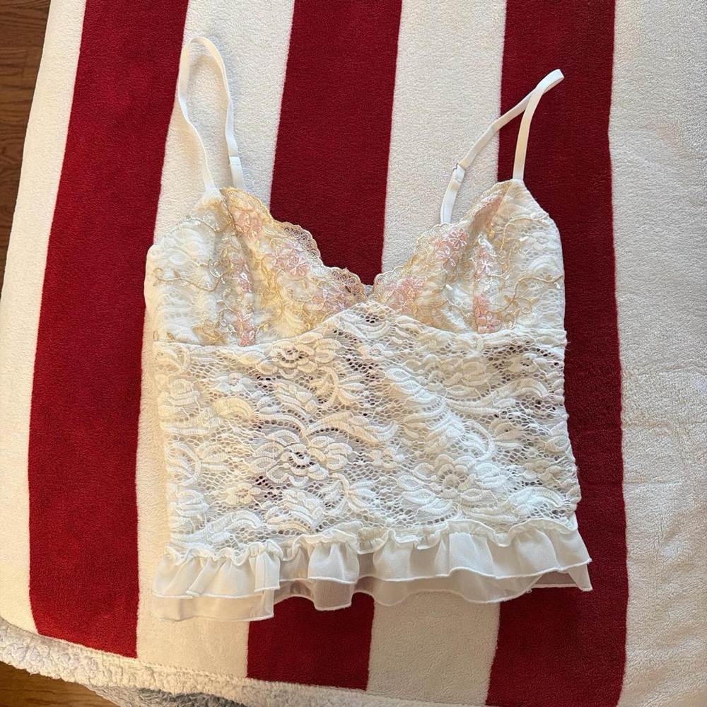 Edikted White Lace Camisole with Ruffle Hem